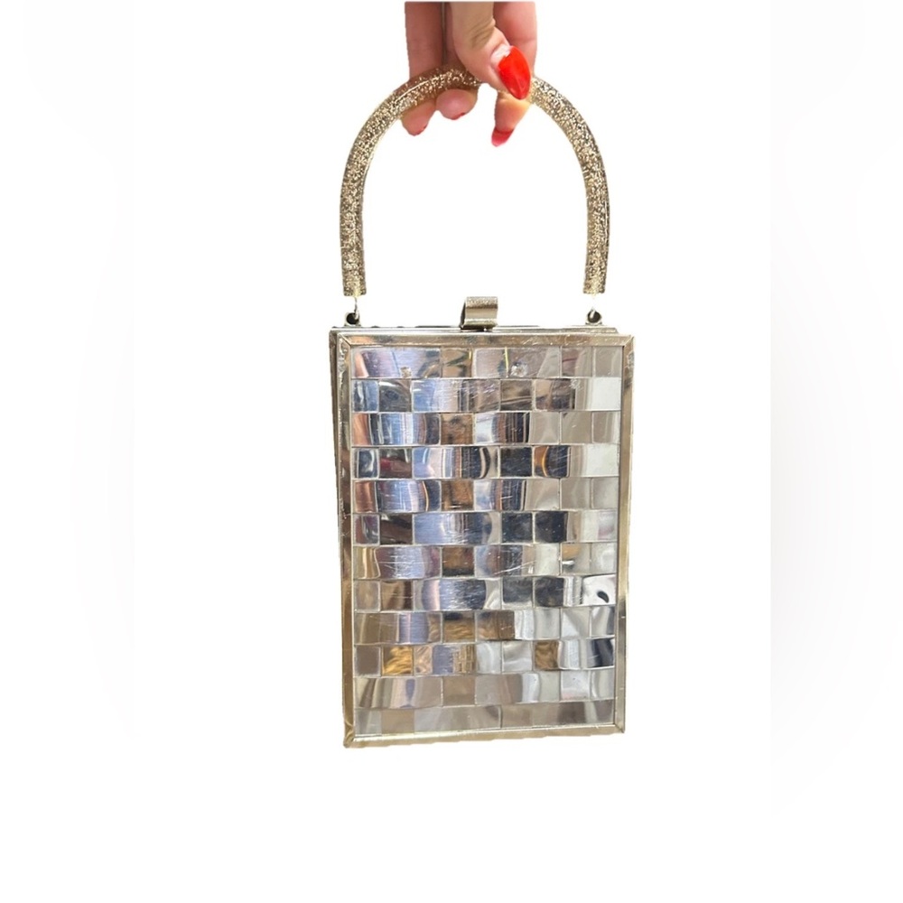 1950s Vintage Dorset Rex Lattice Chrome Box Bag With Confetti Lucite Handle - Picture 3 of 15